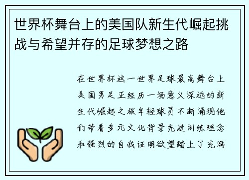 世界杯舞台上的美国队新生代崛起挑战与希望并存的足球梦想之路